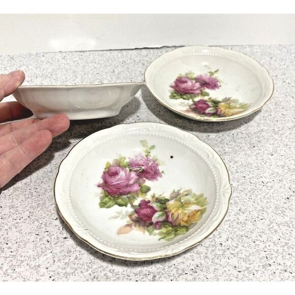 Vintage German porcelain berry bowls set of 3 pink & yellow roses trinket dishes - Picture 4 of 6